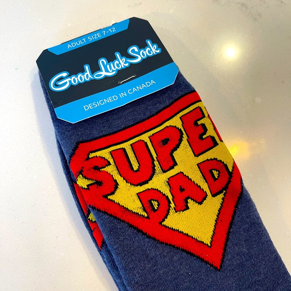 Good Luck Sock- Super Dad. Adult size 7-12. New with tags